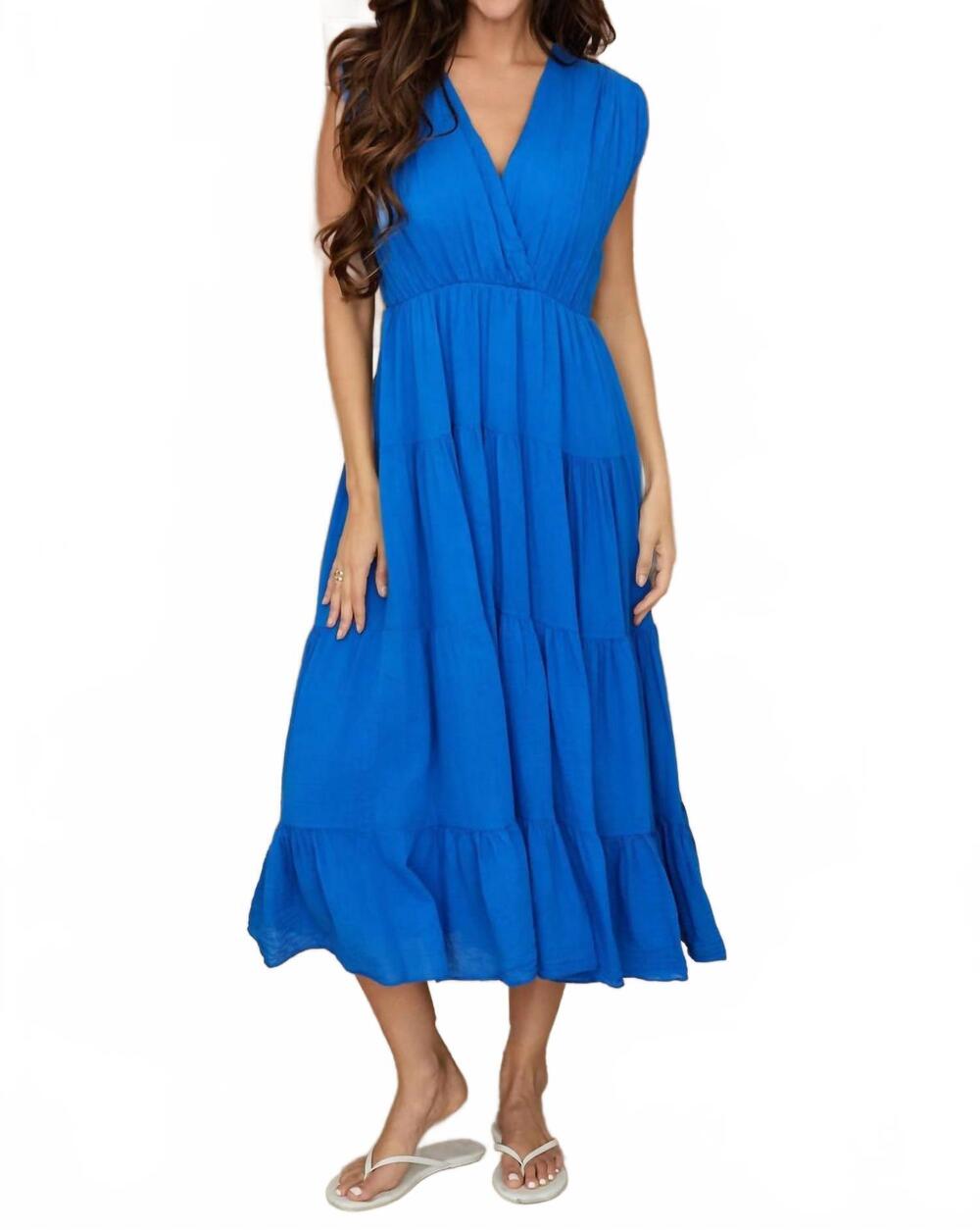 NEW MILIO MILANO june cotton v-neck midi dress in cobalt blue